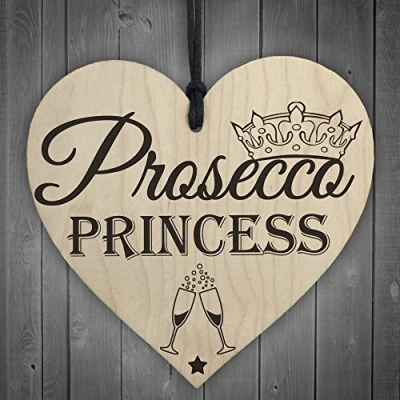 Image of RED OCEAN Prosecco Princess Wooden Hanging Heart Alcohol Joke Sign Bottle Topper Plaque