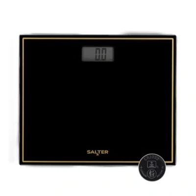 Image of Salter Compact Bathroom Scale Digital Bodyweight Scale, 150kg/23st 8lb, LCD Easy To Read Display, Step On Instant Accurate Readings, Slim Design, Neat Storage, Battery Included, Black/Gold