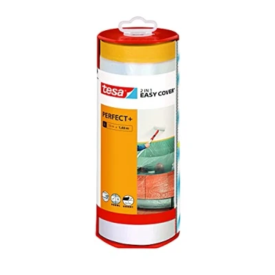 Image of tesa Easy cover Perfect+ dispenser L 2in1 masking film with Washi tape and for clean, precise cuts blade 33 m x 1.40