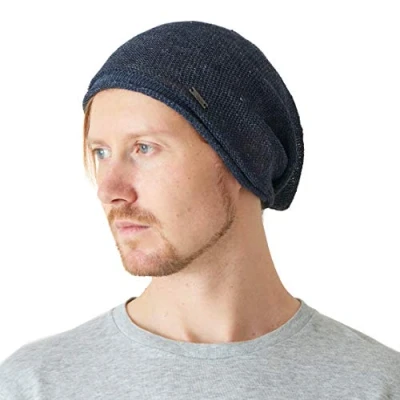 Image of CHARM Casualbox Linen Summer Beanie Slouchy Cooling Knit Hat Unisex Men Women Navy