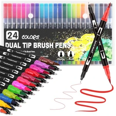 Image of Funnasting Colouring Pens Dual Tip Brush Pens, 24 Colors Felt for children and Adults, Marker Book Journal Drawing Lettering Sketching