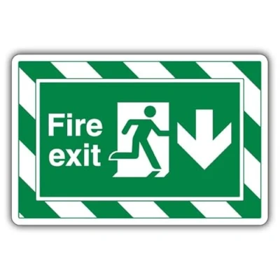 Image of V Safety Fire Exit Arrow Down ExtraViz 350 x 250 mm Face Adhesive Window Sticker Sign