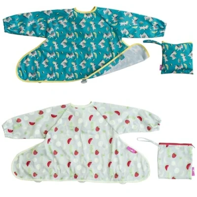 Image of Tidy Tot®™ Cover &amp; Catch™ 2 Pack Weaning Bib with Sleeves. Attach to Highchairs Suction for Mess Proof Baby Feeding. Waterproof Long Sleeved Bibs. Coverall BLW Travel Bags Included.