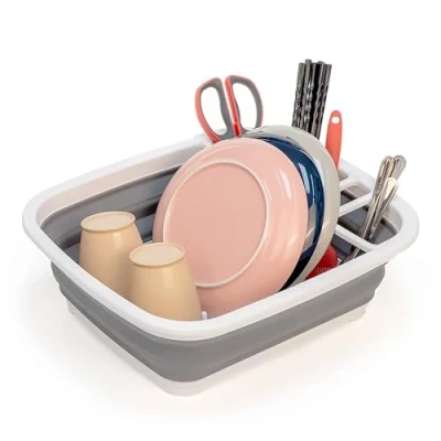 Image of SAMMART 8L Collapsible Dish Drainer Foldable Drying Rack Portable Dinnerware Organizer Space Saving Kitchen Storage Tray (White/Steel Grey)
