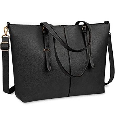 Image of NUBILY Women Handbag Laptop Tote Bag 15.6 Inch Large Leather Shoulder Designer Lightweight Computer Lady Stylish Handbags for Work Business School College Travel (Black)