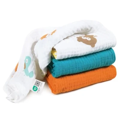 Image of MAKIAN Muslin Nappies Pack of 3, 80 x cm, Oeko Tex® Standard 100 Tested, 3 Burp Cloths in Premium Quality Double Woven Cloth / Turquoise/Orange/Farm Animals