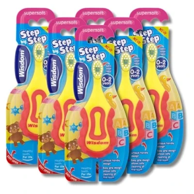 Image of 6 x Wisdom Step by Supersoft Toothbrush 0 2 Years Healthy Teeth for Life Easy Grip Design Children&#039;s and Babies Multi Pack