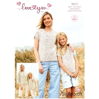 Image of Stylecraft Love You Aran Knitting Pattern 9973 Sweater &amp; Tank Top in Ladies Girls Sizes