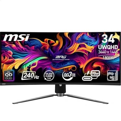 Image of MSI MPG 341CQPX QD OLED 34 Inch UWQHD Curved Gaming Monitor 3440 x 1440(21:9) Panel, 240Hz / 0.03ms, 99.3% DCI P3, ΔE≤2, DisplayHDR True Black 400, DP 1.4a, HDMITM, USB Type C(PD:98W)