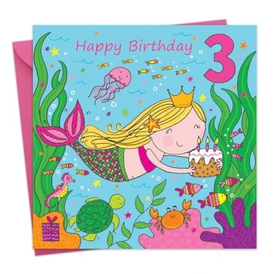 Image of Twizler 3rd Birthday Card For Girl with Cute Mermaid &amp; Glitter Three Year Old Age 3 Childrens Girls Happy