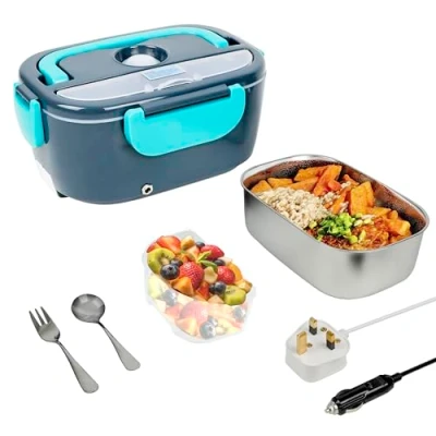 Image of Streetwize 60W 12V Electric Lunch Box Adults 1.5L Thermal with Fruit Compartment 230V UK Plug Supplied Fork and Spoon Heated Travel for Trucks, Cars, Vans SWLB1