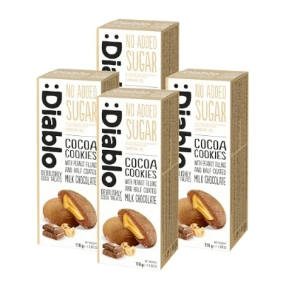 Image of Diablo No Added Sugar Cocoa Cookies with Peanut Filling and Half Coated Milk Choclate 110g (Pack Of 4)