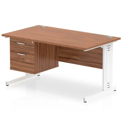 Image of Impulse 1400x800 Desk Walnut White Cable Managed Leg + Fixed Pedestal