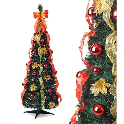 Image of Best Artificial 6ft Pre lit Decorated Pop up Christmas Tree Xmas with Lights (Red/Gold)