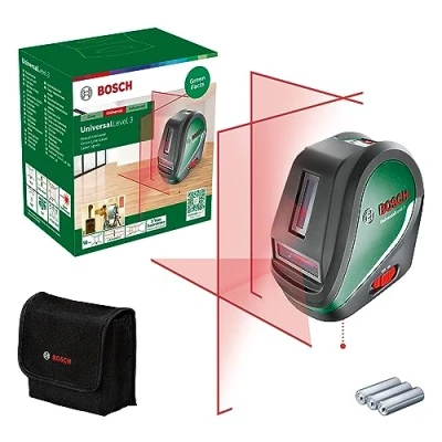 Image of Bosch cross line laser UniversalLevel 3 (3 lines incl. vertical at 90 angle for an additional on the ceiling and bottom plumb point precise alignments, in cardboard box)