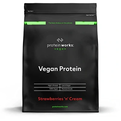 Image of Protein Works Vegan Powder , Plant Based Shake Blend Gluten Free 33 Servings Strawberries &#039;n&#039; Cream 1kg (33 Shakes)