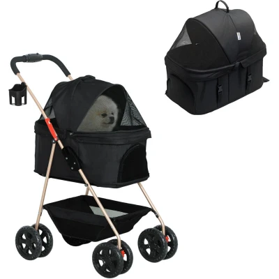 Image of PawHut Pet Stroller, 3 in 1 Dog Pram 4 Wheels with Detachable Carrier, Folding Stroller Storage Basket, Cupholder, Safety Leashes, for Mini Dogs and Cats, Black