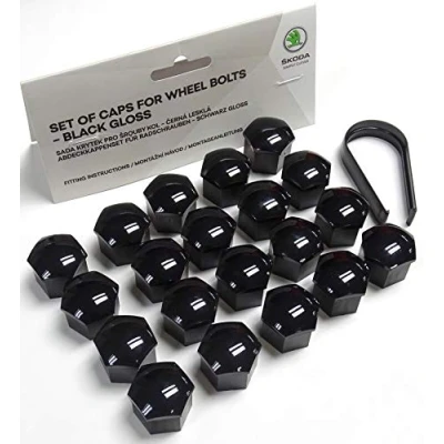 Image of Skoda Genuine Alloy Wheel Bolt Nut Caps Covers 17mm (Black Gloss x20)