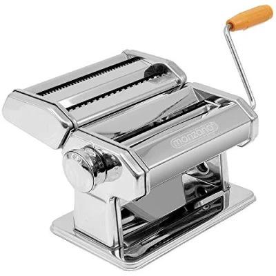 Image of MONZANA® Manual Pasta Machine Stainless Steel Maker 9 Different Dough Thicknesses 2 Rollers Table Clamp &amp; Crank Spaghetti, Tagliatelle, Lasagne, Cannelloni Silver