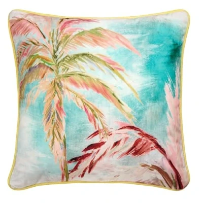 Image of Appletree Tropical Palm Leaves Cushion (55 x 55cm) Soft Touch Velvet Filling Included Yellow Piped Edge in Multi Colour with Cover Included/Cushion Insert