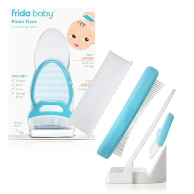 Image of FridaBaby DermaFrida the FlakeFixer Cradle Cap Treatment System: 3 Step Kit, Soothes Baby&#039;s Scalp, Prevents Dryness and Flakes, Sponge, Brush, Comb + Storage Stand