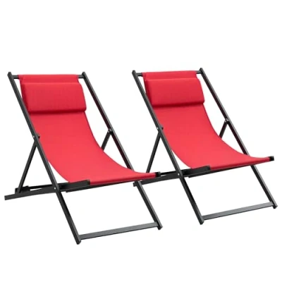 Image of Outsunny Set of 2 Folding Garden Beach Aluminium Frame Deck Chairs Deckchairs Seaside Patio Lounger, Red
