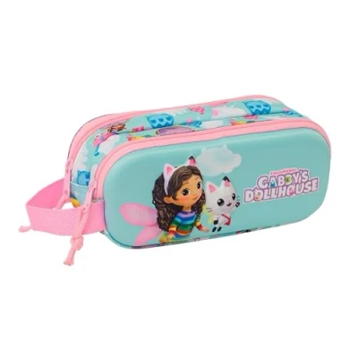 Image of safta GABBY&#039;S Dollhouse 3D Double Pencil Case for Children, Ideal School Comfortable and Versatile, Quality Durability, 21 x 6 8 cm, Sky Blue/Pink, Light Estándar,