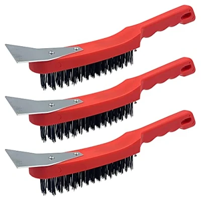 Image of Wire Brush Set, Multipurpose Steel with Metal Scraper and Easy to Grip Plastic Handle − 29cm for Rust Removal Heavy Dirt Cleaning (Wire Brushes Pack of 3)