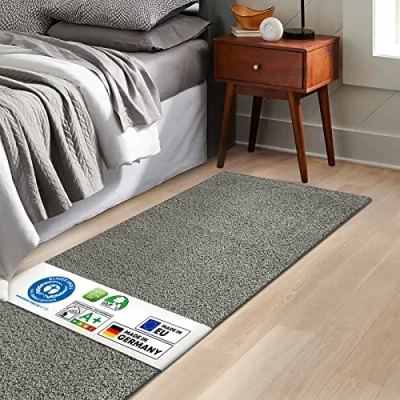 Image of KARAT Barcelona Bed Rug, Shaggy Border, Rug Runner for Bedroom, Living Room, Fluffy (67 x 160 cm, Grey)