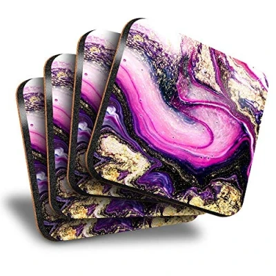 Image of Destination Vinyl ltd Great Coasters (Set of 4) Square Ink Art Marble Effect Purple Gold Drink Glossy Coasters/Tabletop Protection for Any Table Type #14829