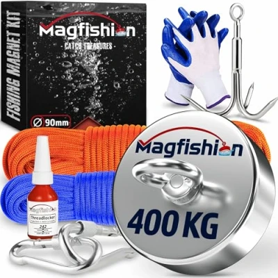 Image of Magfishion Powerful Neodymium Magnet 880 lb (400kg) Fishing Kit Ø 90 mm With 2 Ropes (10M&amp; 20M) Triple Hook Gloves Magnetic Magnets Strong