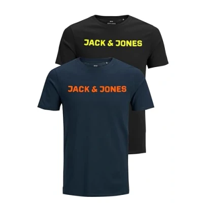 Image of JACK &amp; JONES Men&#039;s Slim Fit T Shirt with Print in Mix Pack of 3 or 6 Crew Neck Sizes S M L XL XXL, 2 (1 x Navy Blazer, 1 Black),