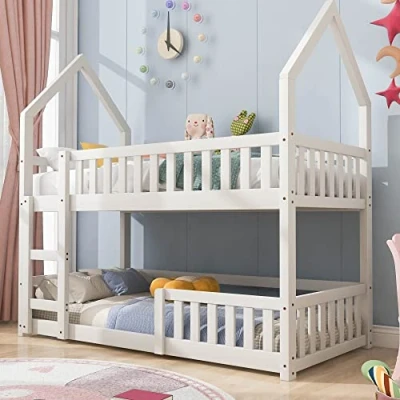 Image of ModernLuxe Children&#039;s Bed Frame 3FT, Bunk for Kids with House Canopy &amp; Ladder, Pine Wood, 195x98x192 cm, White