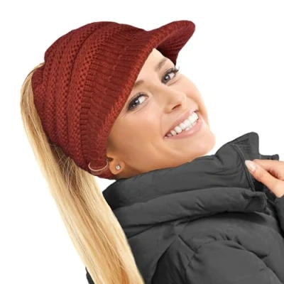 Image of TOSKATOK Ladies Slouchy Peaked Ponytail Messy Bun Knitted Beanie Hat Cap Conker