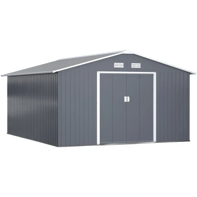 Image of Outsunny 13 x 11ft Metal Garden Shed, Outdoor Storage Tool House with Ventilation Slots, Foundation Kit and Lockable Double Doors, Grey