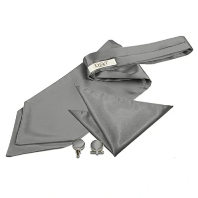 Image of DQT Men Plain Satin Wedding Cravat &amp; Pocket Square + Cufflinks Self Tied, Platinum