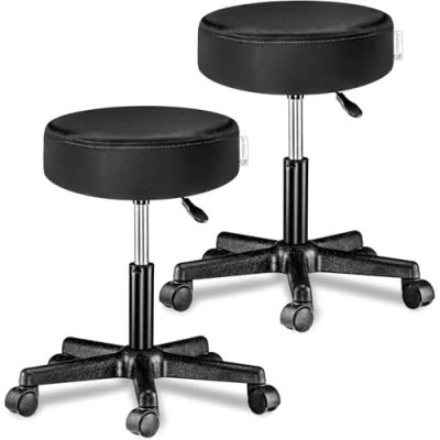 Image of CASARIA 2x 35cm Black Rolling Stools with Wheels Height Adjustable 360 Rotatable Padded Swivel Chair Double Castors Roll Stool Comfortable Upholstered Seating Office Workshop Salon