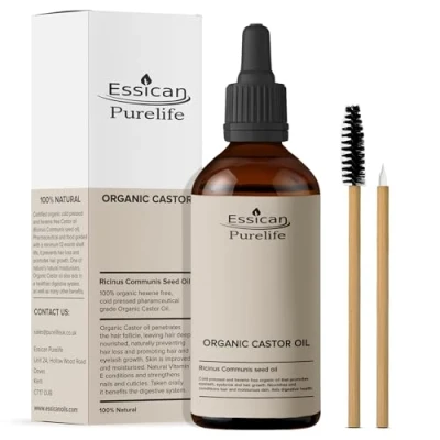 Image of Essican Purelife Premium Organic Castor Oil 100ml for Hair Growth Cold Pressed, Eyelashes, Eyebrows, Face, 100% Pure in Glass Bottle