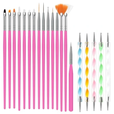 Image of URAQT Nail Art Brushes Set, 15pcs Acrylic Brush Painting Pen and 5pcs Dotting Tools, Designer Kit for Diy &amp; Professional Use, Rose Red