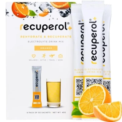 Image of Recuperol Electrolytes Sachets Powder for Rehydration 8 Sugar Free Hydration Zinc, Vitamin C, B12, D3, Potassium Natural Orange Flavour