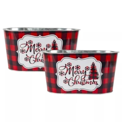 Image of Fyne Finds Set of 2 Metal Tin Trough 25cm, 10inch Pot Merry Christmas Chequred Festive Gift Xmas Planter
