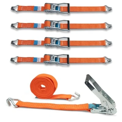 Image of DoZurr 5000 Tie Down Straps with Sturdy Ratchet and Profile Hook, Load Capacity up to 2500 kg, 50 mm Wide x 6 m Long, Orange, for Trucks Large Trailers Set of 4