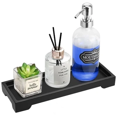 Image of Luxspire Small Black Tray Rectangle Vanity Tray, Resin Toilet Tank Organiser Toiletry Bathtub Bathroom Sink Tidy Caddy Organizer for Shower Soap Bottle Side Narrow Matte