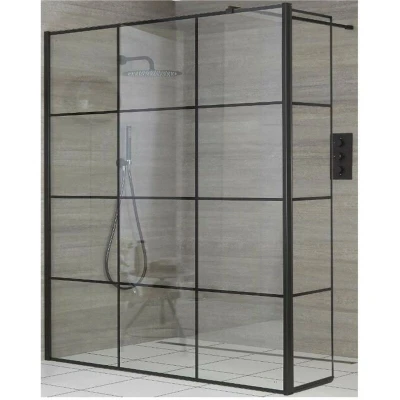 Image of Milano Barq 1200mm Black Recessed Walk In Wet Room Shower Enclosure with Grid Pattern Screen&amp;44 Hinged Return Panel and Support Arm 800mm