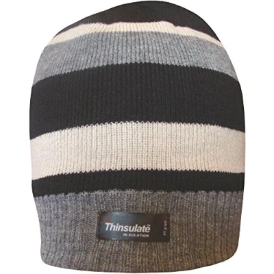 Image of TeddyT&#039;s Boys Striped Design Thermal Knit Fleece Lined Thinsulate Winter Beanie Hat (Black Grey &amp; Cream)