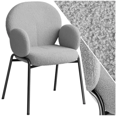 Image of TecTake® Dining Chair in Scandi Style with Soft Bouclé Fabric, Thick Padding, Slim Steel Legs, Armrests &amp; High Backrest, Easy Assembly Armchair for Room, Kitchen Bedroom Light Grey