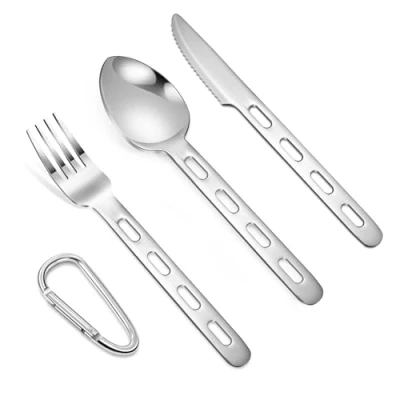 Image of Camping Cutlery Set Stainless Steel Spoon Knife and Fork Sets with Carabiner for Home Office School Use Travel Picnic