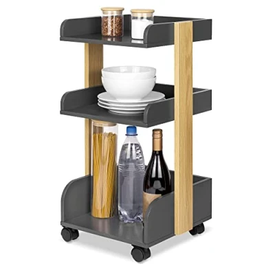 Image of bomoe Modern Rolling Cart with 4 Lockable Wheels &amp; 3 Shelves Bosse FSC® Wood Kitchen Serving Trolley Craft Side Table for Bathroom Office Living Room 32x35x69cm Anthracite Oak