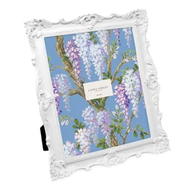 Image of Laura Ashley 8x10 White Ornate Textured Hand Crafted Resin Picture Frame with Easel &amp; Hook for Tabletop Wall Display, Decorative Floral Design Home Décor, Photo Gallery, Art, More (8x10, White)