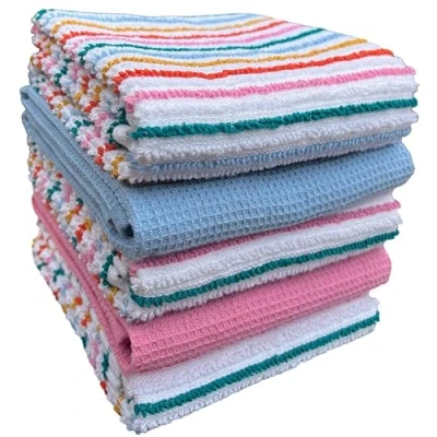 Image of Olivia Rocco 5 Pack Striped Kitchen Tea Towels Cotton Super Absorbent Quick Drying Soft Ribbed Waffle Pot Towel, Candy